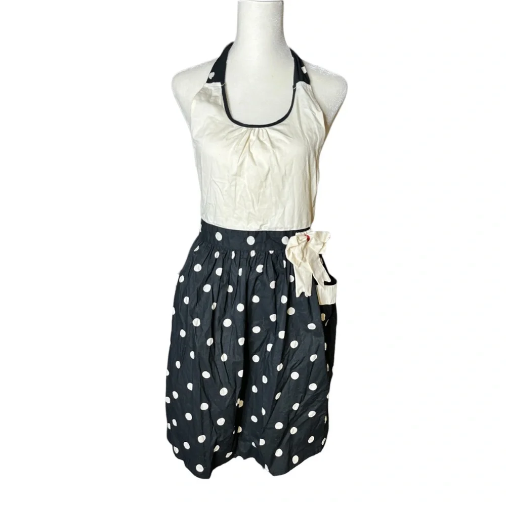Black & White Polka Dot Halter Apron Ruffle Pocket Pinup